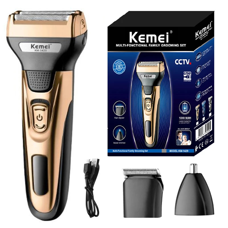 Kemei-Kit de Higiene Elétrico para Homens, Aparador De Pêlos De Barba, Corpo, Nariz, Máquina De Barbear De Orelha, Recarregável, 3in 1