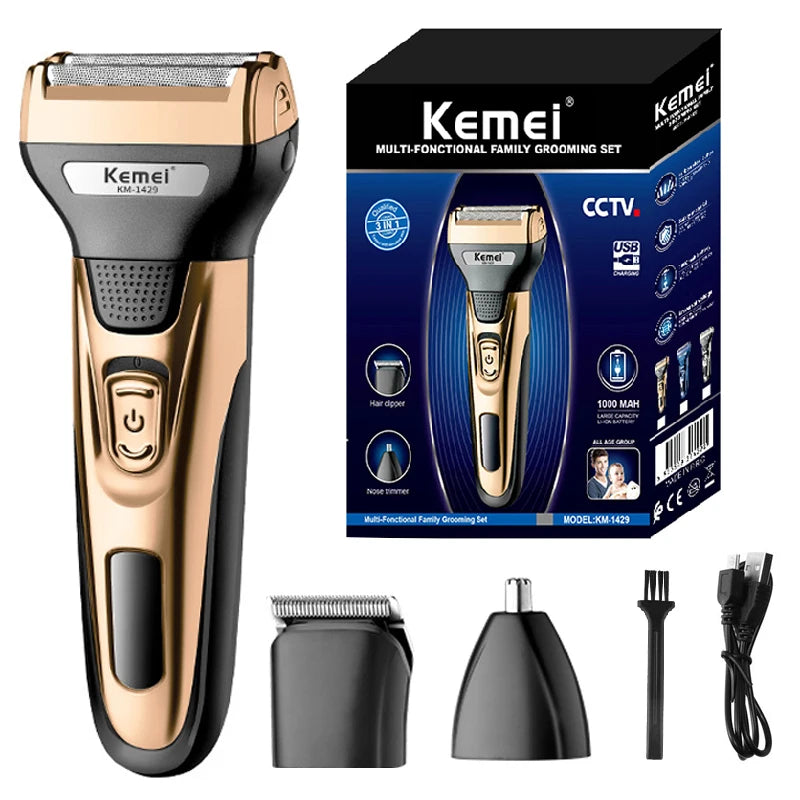 Kemei-Kit de Higiene Elétrico para Homens, Aparador De Pêlos De Barba, Corpo, Nariz, Máquina De Barbear De Orelha, Recarregável, 3in 1
